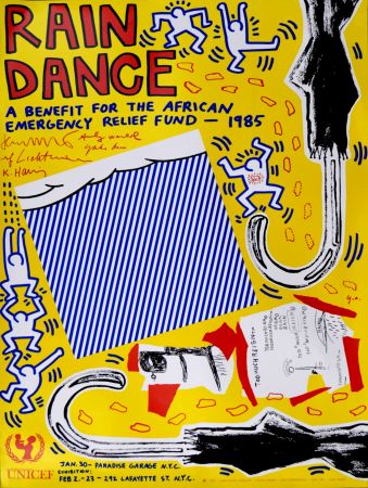 Litografía Haring - (with Andy Warhol, Jean Michel Basquiat, Roy Lichtenstein & Yoko Ono) - Rain Dance, 1985 - Rare first printing!