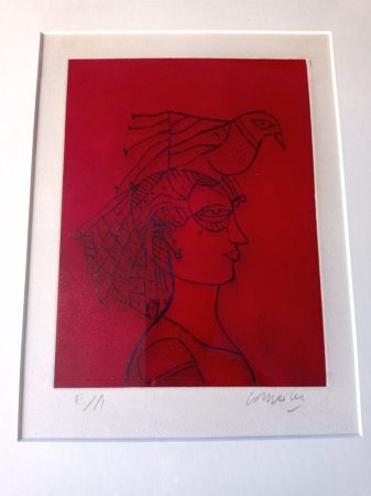 Aguafuerte Y Aguatinta Corneille - Woman with Bird, Hand-signed Etching in color