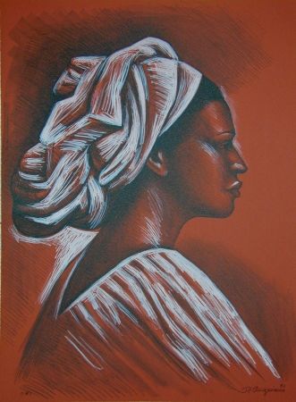 Litografía Anguiano - Woman with turban