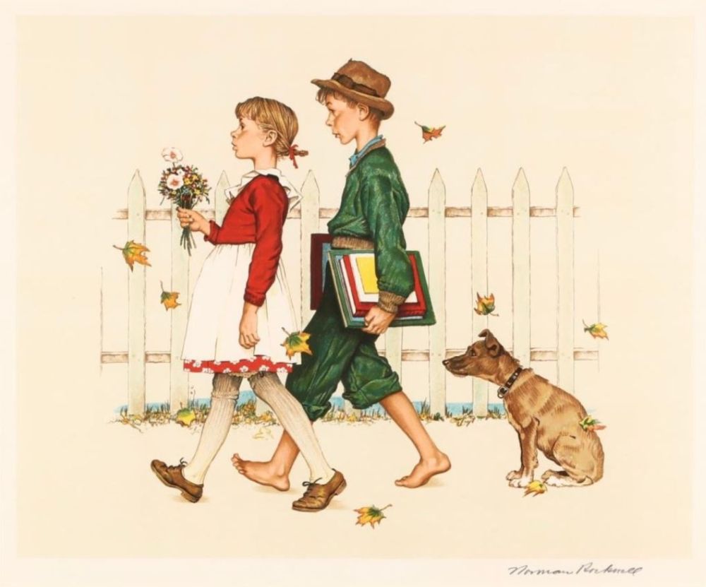 Litografía Rockwell  - Young Love: Walking to School