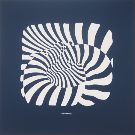 Serigrafía Vasarely - Zèbres sur fond bleu