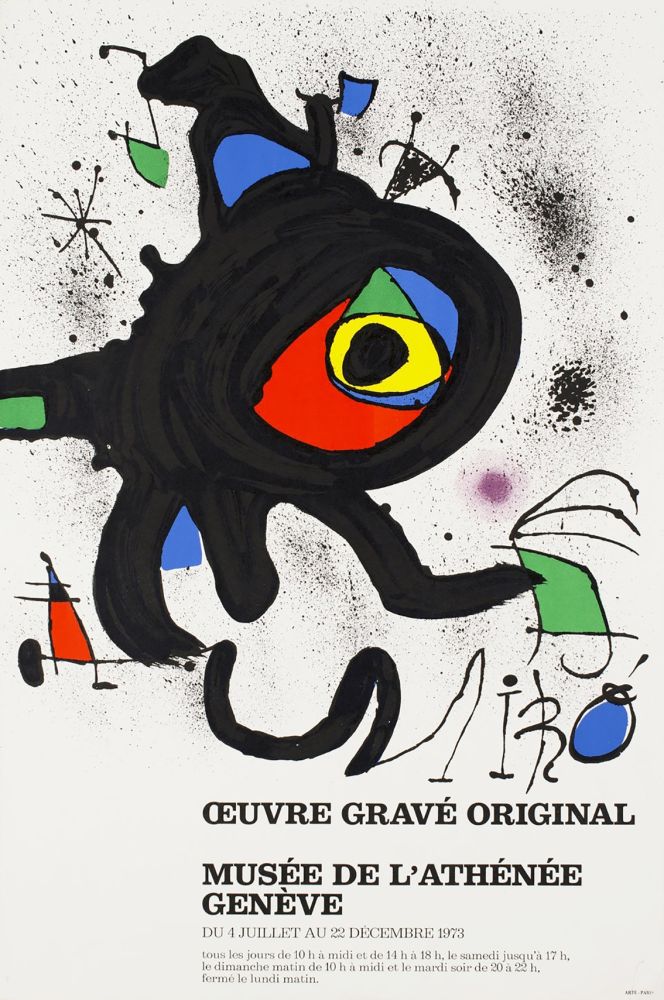 Cartel Miró - ŒUVRE GRAVÉ ORIGINAL. MUSÉE DE L'ATHÉNÉE, GENÈVE 1973. Affiche originale.