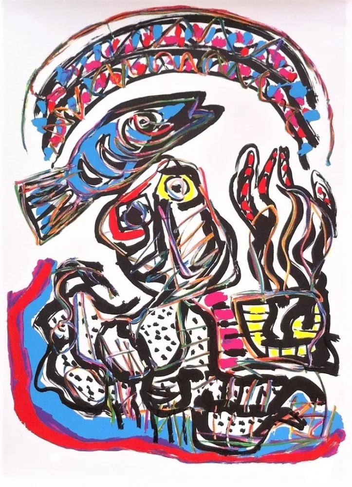 Litografía Appel - Composition avec Poisson et Tête