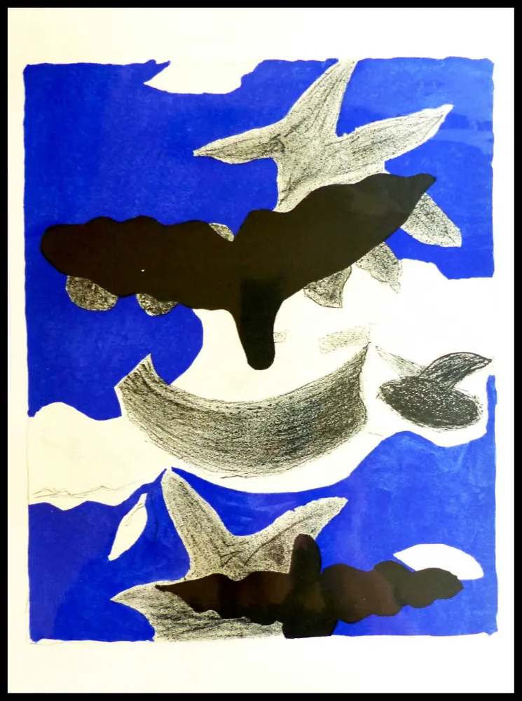 Litografía Braque (After) - LES OISEAUX FOND BLEU