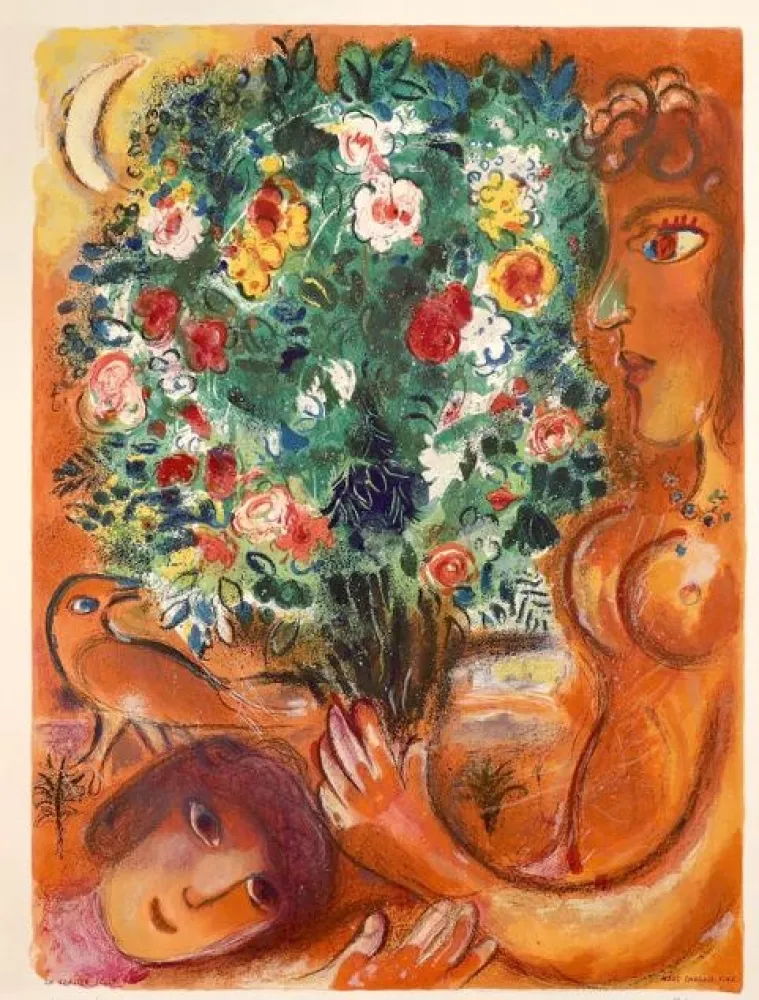 Litografía Chagall - Femme au bouquet (Woman with Bouquet)