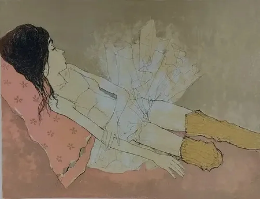 Litografía Jansem - Ophelie au coussin rose (1993)