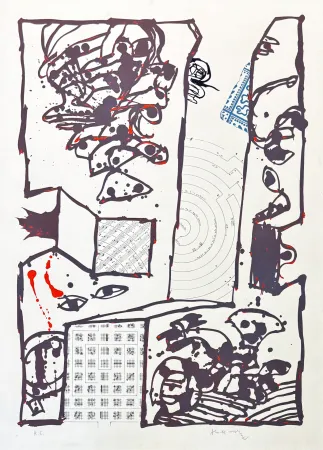 Litografía Alechinsky - Pierre Alechinsky (1927) – Chutes et panaches, avec extraits de partitions labyrinthiques de Jean-Yves Bosseur – Lithograph on paper – 2001