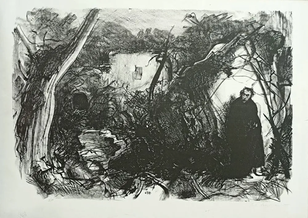 Litografía Annigoni - VIANDANTE CON MANTELLO