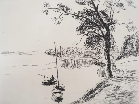 Grabado Asselin - Paysage: la Seine au bois de Boulogne