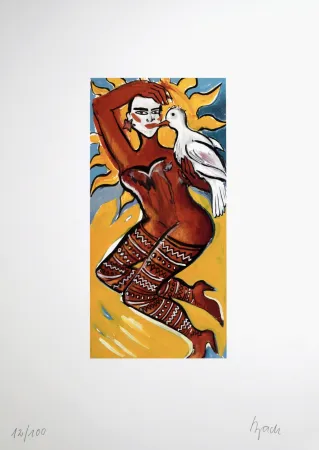 Litografía Bach - Femme à l'oiseau, 1995 - Hand-signed!