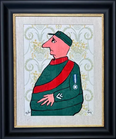 Grabado Baj - Enrico Baj (1924–2003) – Caporal – Color etching and collage on brocade – 1972