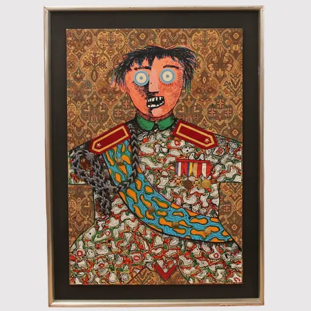 Sin Técnico Baj - Enrico Baj ( 1924 – 2003 ) – Le stratége militaire Sahuguet d'Amarzit d'Espagnac – Mixed media with passamentrie and collage on brocade with originals medals and pins - 1971