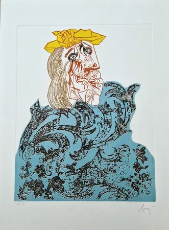 Aguafuerte Baj - Femme en fleurs