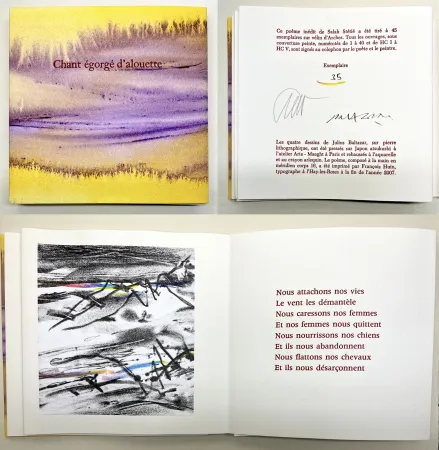 Libro Ilustrado Baltazar - Salah Stétié : CHANT ÉGORGÉ D'ALOUETTE. 4 lithographies rehaussées à l'aquarelle (2007)