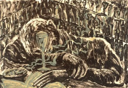 Litografía Barcelo - Jeune homme ivre dans un bar.