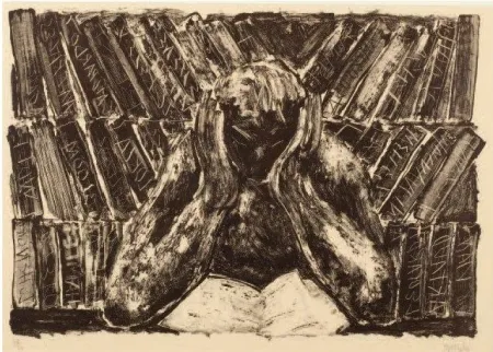Litografía Barcelo - Untitled (Reading in a Library)