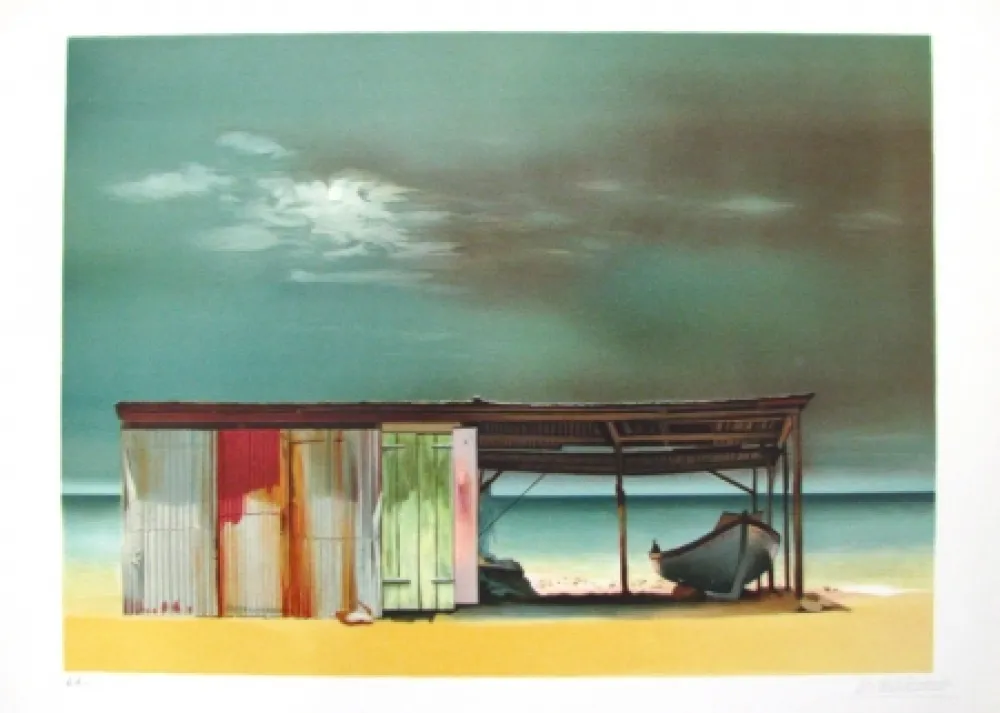 Litografía Battut - Baraque sur la plage