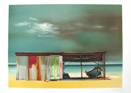 Litografía Battut - Baraque sur la plage