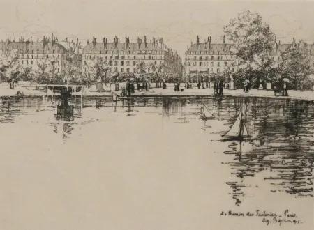 Grabado Bejot - Le bassin des Tuileries