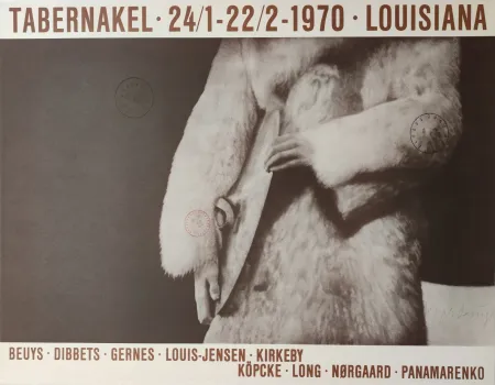 Serigrafía Beuys -  „Tabernakel  · 24/1-22/2-1970 · Louisiana. Beuys · Dibbets  · Gernes · Louis-Hen- sen  · Kirkeby. Köpcke  · Long  · Norgard ·Panamarenko.“ 
