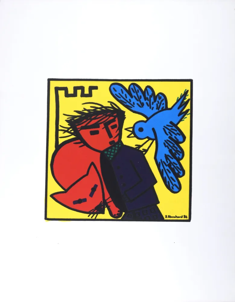 Litografía Blanchard - Oiseau, personnage et chat