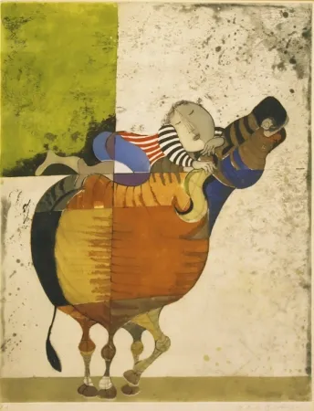 Aguafuerte Boulanger - Enfant sur vache