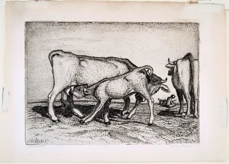 Grabado Bozzetti - LA VACCA E IL BOCCINO (The cow and the calf), fourth version. 