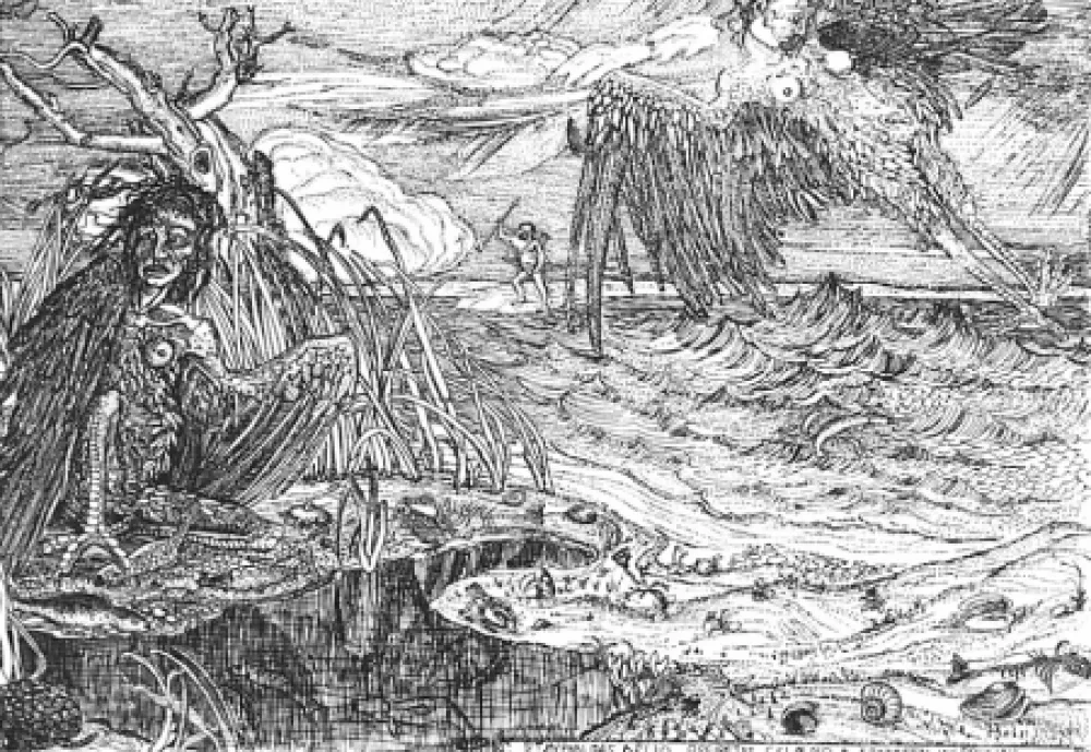 Aguafuerte Bozzetti - Le Arpie del lago Stinfalio