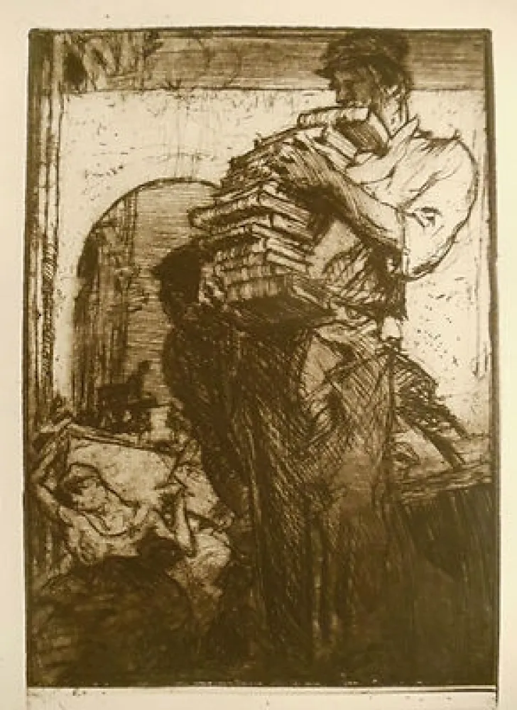 Grabado Brangwyn - Man Carrying a Pile of Books