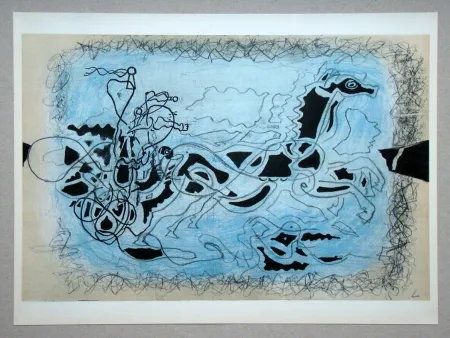 Litografía Braque (After) - Char noir sur fond bleu