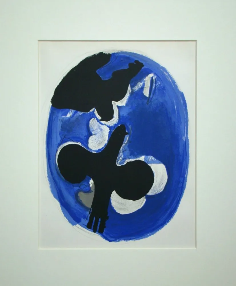 Litografía Braque - Deux oiseaux sur fond bleu