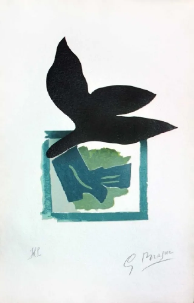 Grabado En Madera Braque - Oiseau noir sur fond vert