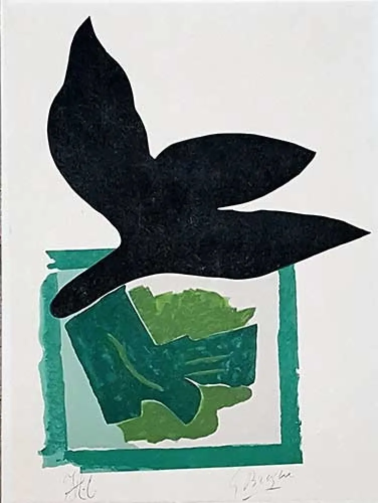 Grabado En Madera Braque - Oiseau noir sur fond vert