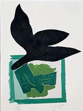 Grabado En Madera Braque - Oiseau noir sur fond vert