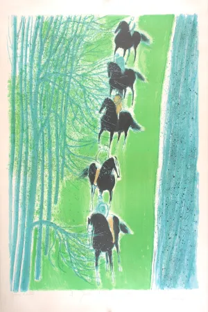 Litografía Brasilier - Cavalcade au Bord du Cher - Cavalcade on the side of the Cher