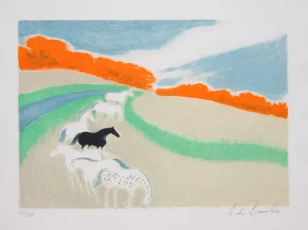 Litografía Brasilier - Chevaux Dans Le Pre