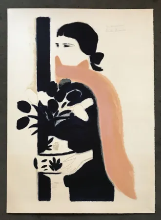 Litografía Brasilier - Femme au châle rose et aux tulipes 