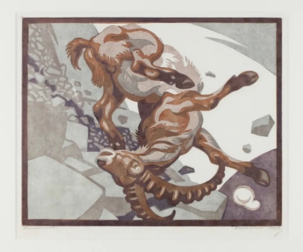 Linograbado Bresslern-Roth - Stürzender Steinbock (Falling Ibex)