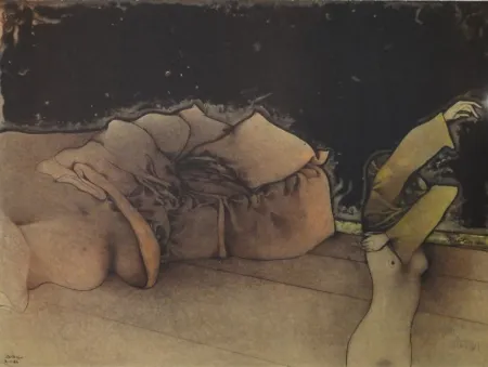 Litografía Bruni - Zurigo. (Sich Entkleidende vor Sofa)