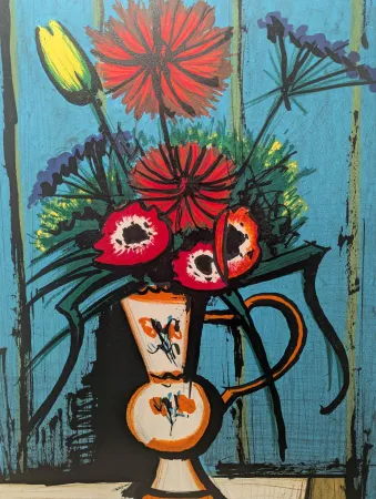 Litografía Buffet - Bouquet au fond bleu 