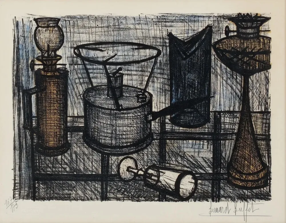 Litografía Buffet - Naturaleza muerta ( lampara de petróleo)
