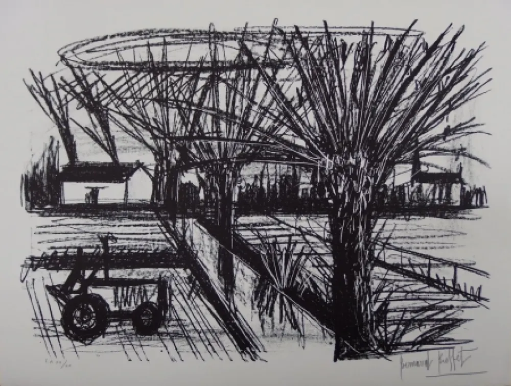 Litografía Buffet - Paysage breton au tracteur
