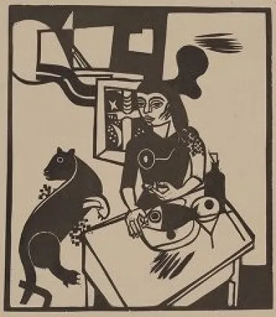 Grabado En Madera Campendonk - Am Tisch sitzende Frau mit Katze und Fisch / Woman Sitting at Table with Cat and FIsh