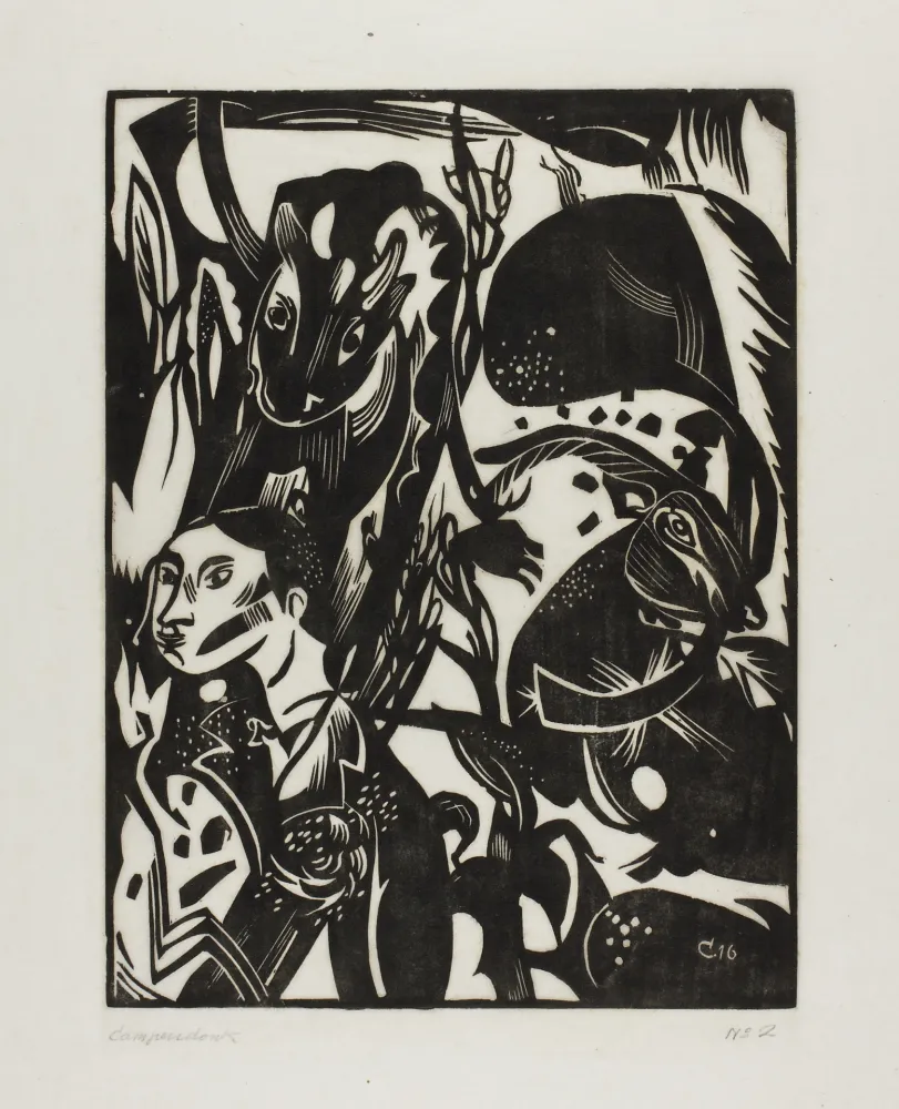 Grabado En Madera Campendonk - Männliche Halbfigur mit Kuh und Ziege 