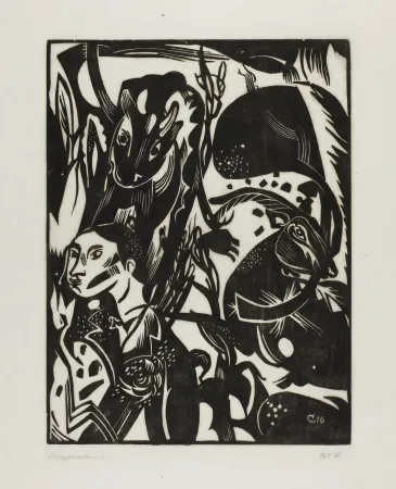 Grabado En Madera Campendonk - Männliche Halbfigur mit Kuh und Ziege 