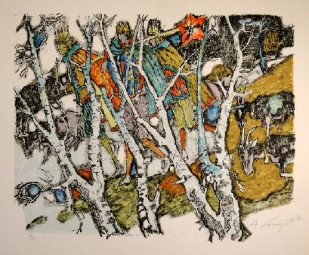 Litografía Carigiet - Sternsinger  (Die Drei Könige hinter Birken)