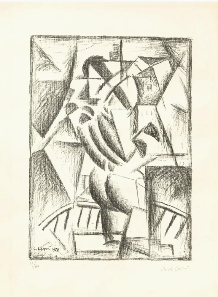 Litografía Carra - Donna al balcone (Simultaneità)