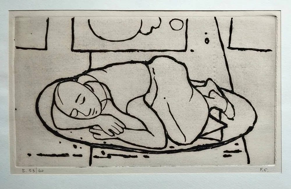 Linograbado Casorati - Figura accovacciata