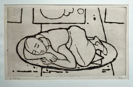 Linograbado Casorati - Figura accovacciata