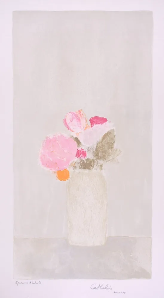 Litografía Cathelin - Bouquet de roses au fond gris - Bouquet of roses on a grey background